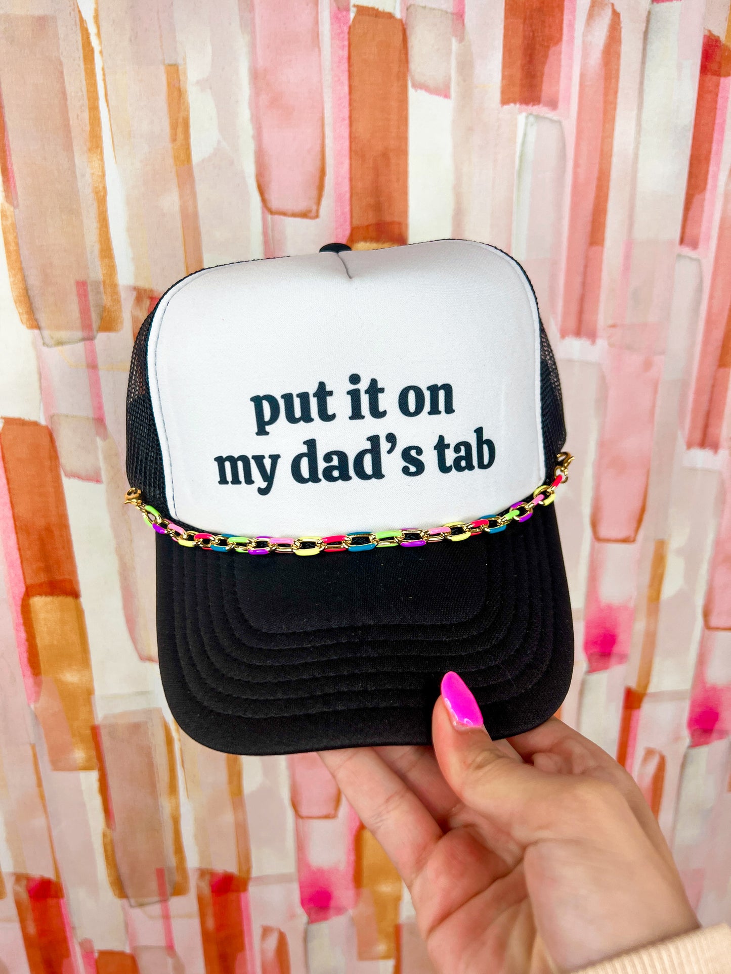 Put It On My Dad's Tab Trucker Hat - Black