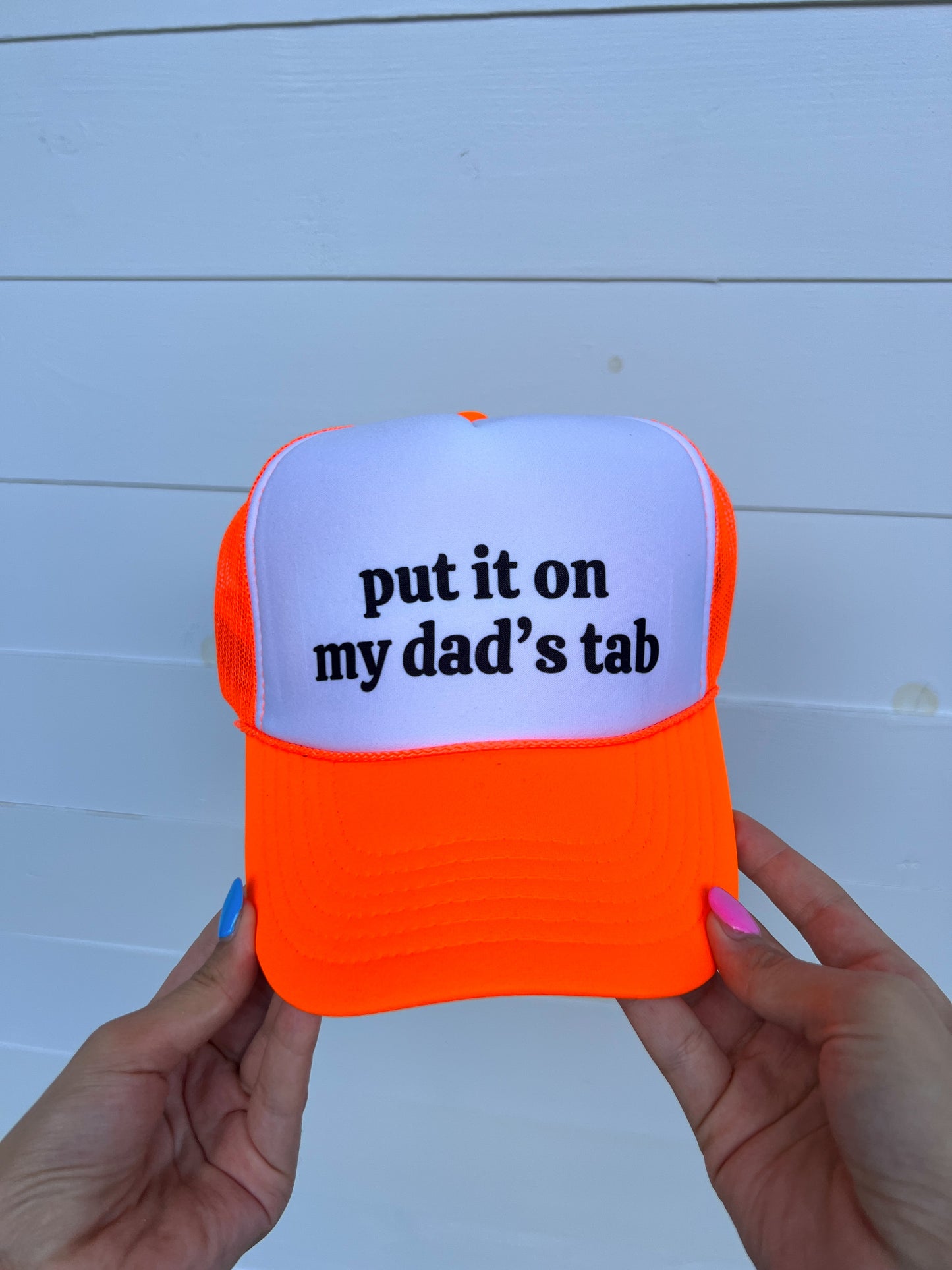 Put It On My Dad's Tab Trucker Hat - Neon Orange
