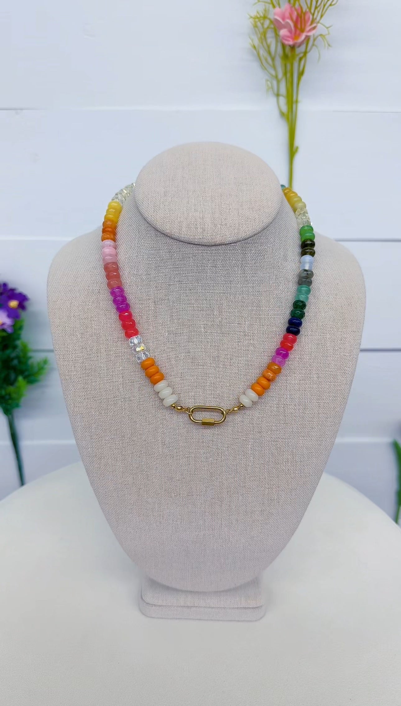 Rainbow Stone Necklace W/ Carabiner Lock