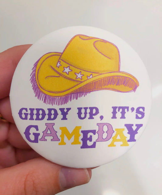 Giddy Up Button - yellow & purple